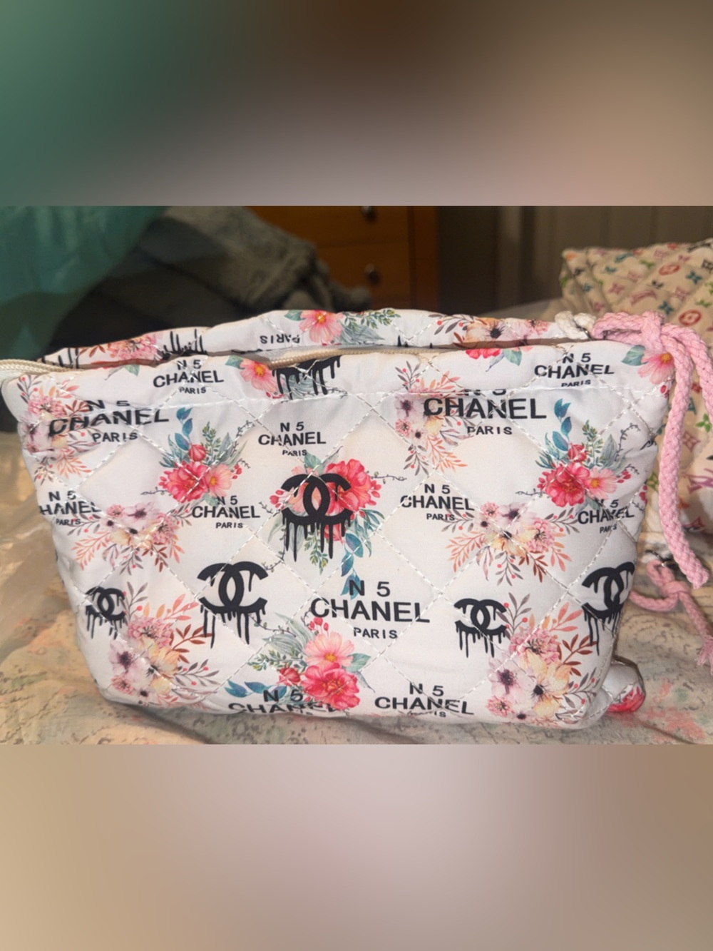 Inspired White Floral Quilted Cosmetic Bag